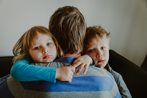 Sad Kids Hugging Father, Family In Sorrow, Loss And Pain Concept